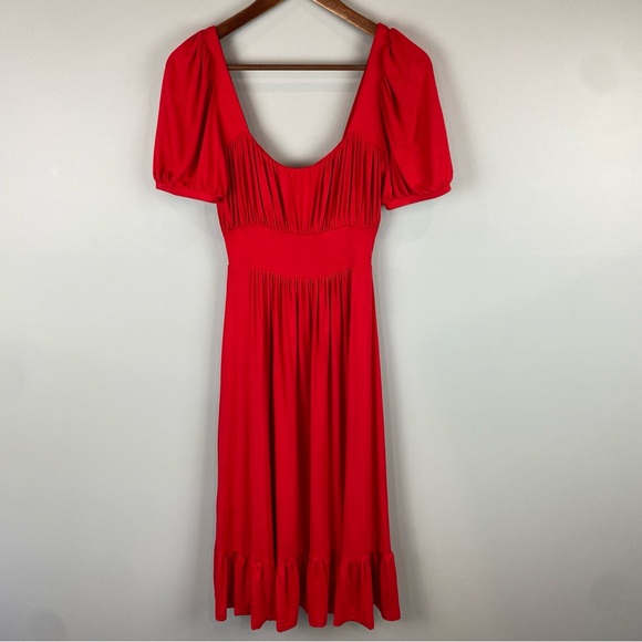Anthropologie Red Knit Milkmaid Romantic Cottagecore Midi ruffle trim Dress XS - Picture 2 of 8